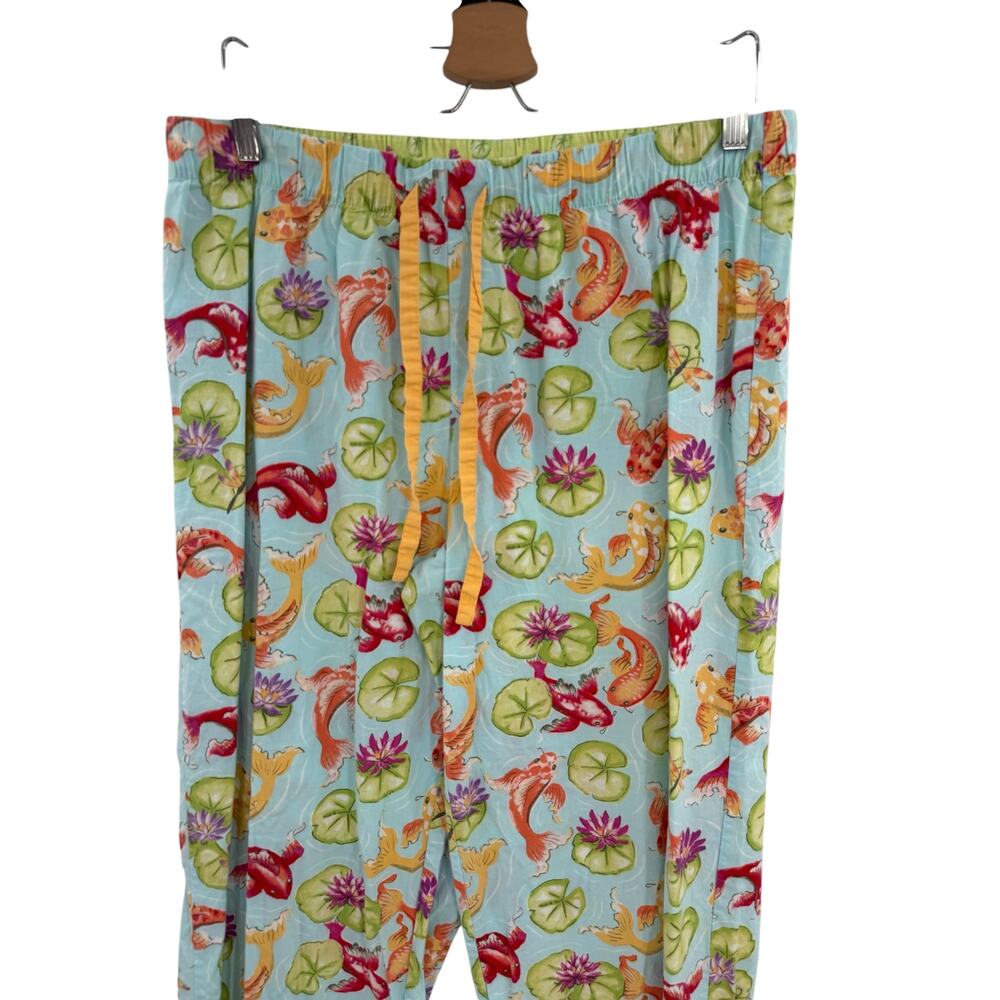 Nick & Nora Koi Fish Water Lily Pajama Lounge Pants Blue 100% Cotton Women's L - Picture 2 of 9